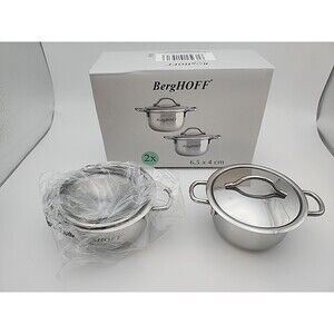 BergHoff Stainless Steel Mini Pots 2.5" w/ Lids SET of 2 Condiment Dipping NEW